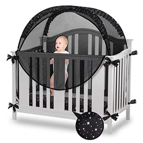 Safety Crib Tent to Keep Baby in Pop up Mosquito Net Netting Canopy Mesh Cover for Toddler - Black