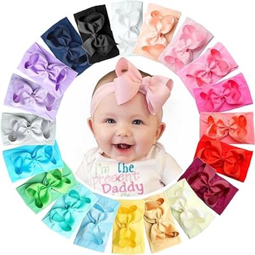 Yxiang 20PCS Baby Girl Bows Headbands, 4" Infant Bows Headbands Super Elastics Nylon Hairbands Cute Handmade Ribbon Bows for Babies Newborn Toddler (20 Colors)