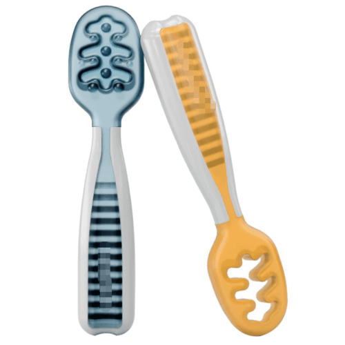 Baby Spoons Set, Baby Essentials Pre-Spoon for 6+ Months, First Stage Self-Feeding Spoons for Baby Led Weaning (BLW), Silicone Toddler Utensils, BPA-Free, 2 Pack Blue/Orange