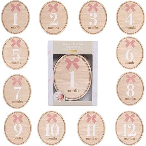 Kate & Milo Wooden Baby Monthly Milestone Discs, Oval with Pink Bows, 12-Piece Double-Sided Month Markers for Newborn Photo Props