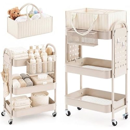 2 In1 Baby Diaper Caddy, 3 Tier Metal Rolling Storage Cart