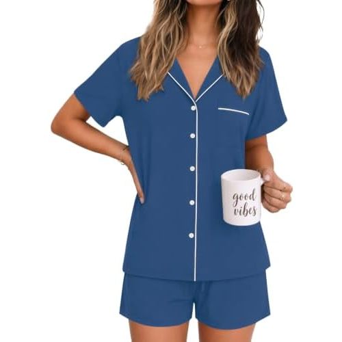 Ekouaer Womens Pajamas Set Soft Classic Notch Collar Bride Pjs Comfy Short Sleeve Sleepwear Loungewear