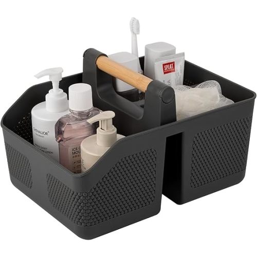 rejomiik Shower Caddy Portable with Bamboo Handle, Plastic Basket Cleaning Caddy Organizer Storage Tote for Bathroom, College, Dorm Room Essentials, White