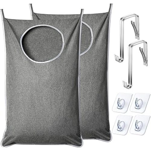 XL Hanging Laundry Hamper, Extra Large Tear-resistance Door Hamper with 2 Types Hooks for Dirty Clothes, Save Bathroom Space Hanging Laundry Bag (36.5x 22 Inch,Grey)