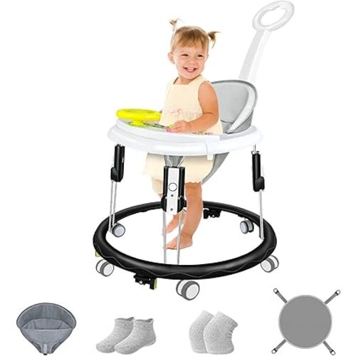 Foldable Baby Walker for Boys and Girls, 5-in-1 Baby Walker with Wheels, Adjustable Height Toddler Activity Walker with Music Tray, Detachable Seat and Mute Anti-Rollover Baby Walkers for 6-24 Months