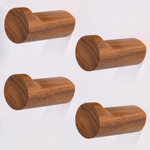 Acacia Wood Wall Hooks, 4 Pack Heavy Duty Coat Hooks – Farmhouse Rustic Entryway & Bathroom Hooks for Hats, Towels, Bags, Clothes, Fits Drywall, Straight