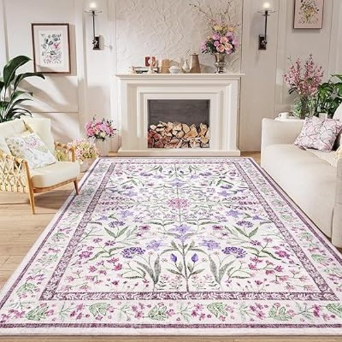 Amearea 6x9 Feet Floral Area Rugs for Living Room, Purple Rugs for Bedroom Girls, Cute Kids Room Print Carpet Vintage Low Pile Machine Washable Area Rugs, Office Nursery Dining Room Farmhouse Decor