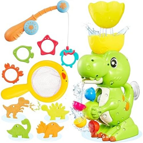 EKU Dinosaur Bath Toys for Kids Toddler Age 18months+ Mold Free Water Wheels and Fishing Games Bathtub Tub Bath Time Play Girls Boys Color Sound Movement Interactive