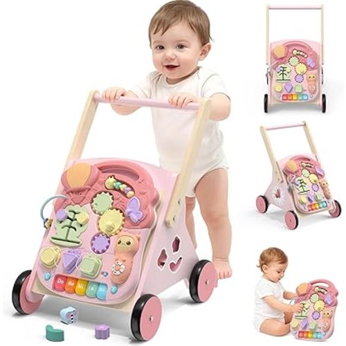 2 in 1 Wooden Baby Walker and Activity Center for Girls Boys Sit-to-Stand Learning Toy Kids Montessori Educational Push Toys with Music Detachable Busy Keyboard for Toddlers