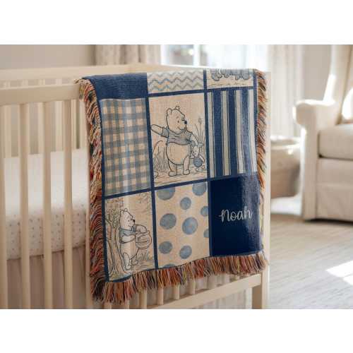 Winnie the Pooh Blue Toile Woven Blanket Personalized Boy Name Gift Idea Throw Blanket Custom Baby Name Gifting Idea Birthday Gift for Boy