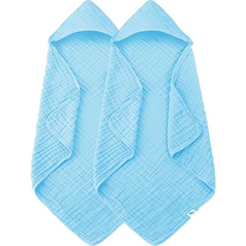SWEET DOLPHIN Muslin Hooded Baby Bath Towels - 2 Pack 100% Cotton Towel for Babies, Infants, Toddlers - 32x32Inch - Highly Absorbent and Newborn Essential, Blue
