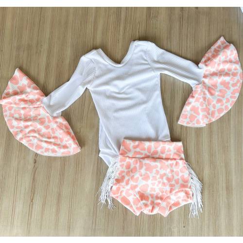 Peach Disco Cowgirl Fringe Birthday outfit, Howdy YeeHaw Bell Sleeve Leo, Pink Cowspot Leo Bodysuit for Toddler Baby Girl, Let’s Go Girls