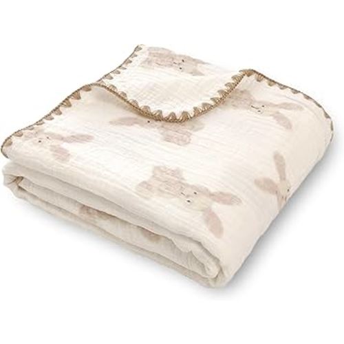 Double Layered 100% Cotton Muslin Baby Blanket Ultra-Soft 40x40 Inch Swaddling Nursery Crib Blanket(Bunny)