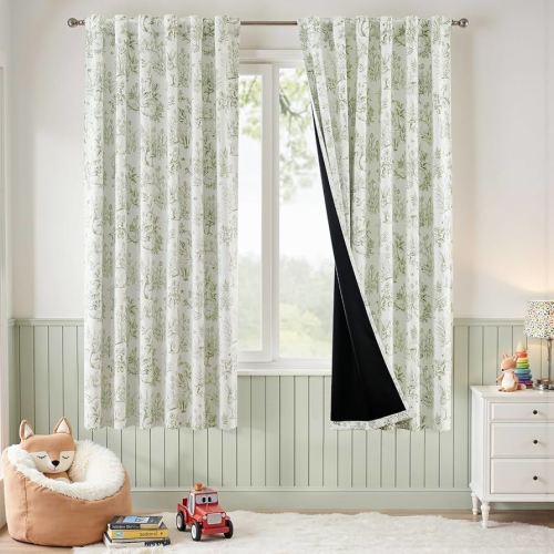 jinchan Blackout Nursery Curtains 72 Inches Long, Bunny Woodland Toile Curtains Sage Green on Beige Animal Printed Drapes for Bedroom Rod Pocket Thermal Insulated Farmhouse Window Treatment 2 Panels