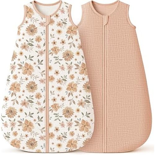 Konssy Muslin Baby Sleep Sack 0-6 Months 0.8 TOG, 2 Pack 100% Cotton Wearable Blanket for Babies, 2-Way Zipper Breathable Sleeping Sack Infant Toddler Essentials for Girls and Boys (Flourish, Toffee)