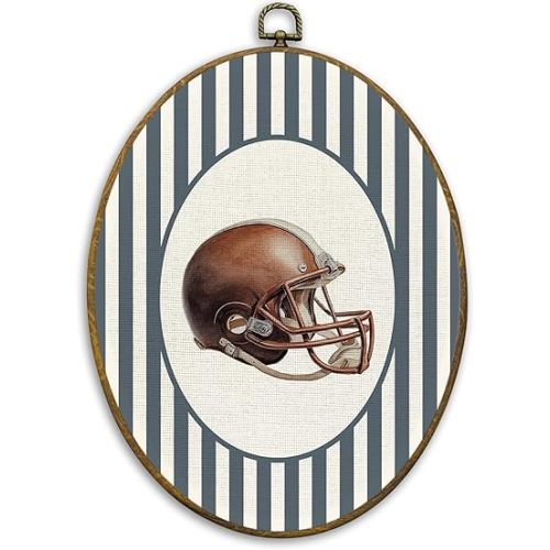 CUANFDDSF Vintage Football Nursery Oval Wall Art Decor, Sports Wall Hanging Decor, Blue Striped Football Helmet Framed Canvas Prints for Kids Boy Nursery Room Playroom Bedroom, 8.6x11.4 Inch