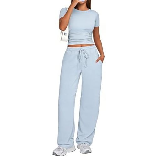 Kivdol 2 Piece Matching Summer Sweatsuit Lounge Set Womens Wide Leg Pants Side Ruching Crop Top Sets