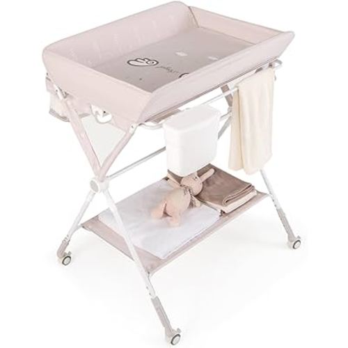 HONEY JOY Changing Table, Folding Mobile Nursery Organizer w/Wheels, Adjustable Height, Storage Bag & Open Shelf, Portable Diaper Changing Station for Newborn Infant (Beige, 32"x26"x39.5")