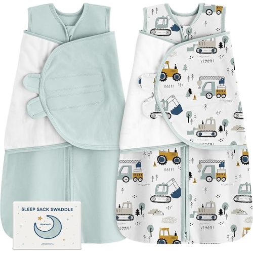 Unnivoll Newborn Sleep Sack Swaddle 100% Cotton Baby Swaddle 0-3 Months, 3-Way Adjustable Wearable Blanket, TOG 0.5, 2 Pack for Baby Boy Girl White Green Excavator