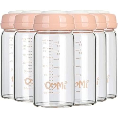 COMI Wide Neck Glass Breastmilk Collection n Storage Bottle, 8oz with Screw Ring Sealing Disk; Re-markable Sealing Disc. BPA Free, Fits Breast Pumps & Nipples (6 Pink Lids)