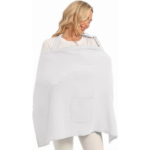 Wimst Muslin Nursing Cover Breastfeeding for Women, Soft and Breathable Breastfeeding Cover with Rigid Hoop for Nursing Apron (White)