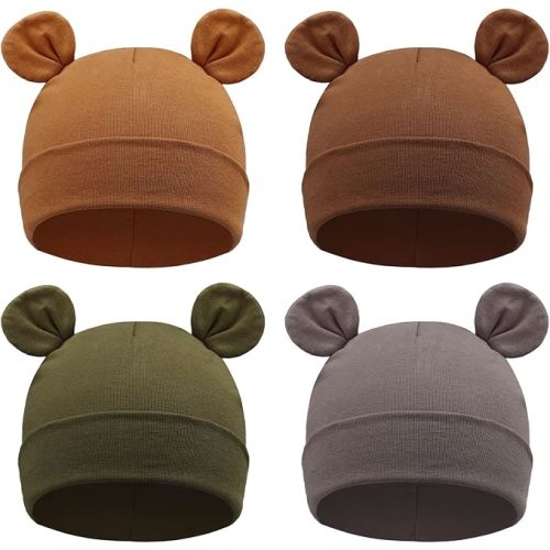 BQUBO 4 Pieces Baby Beanie Newborn Toddler Soft Cooton Blend Cute Knit Hat Hospital Hats for Baby Boys Mouse Ears Infant Beanie
