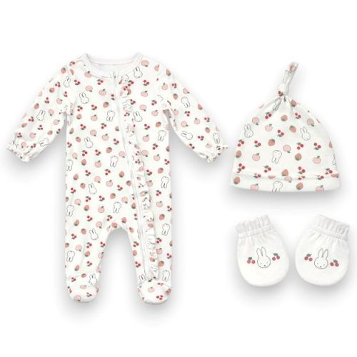 Miffy Baby Girls’ 3-Piece Ultra-Soft Sleep N’ Play Coverall, Beanie & Mitten Layette Set, White/Fruits