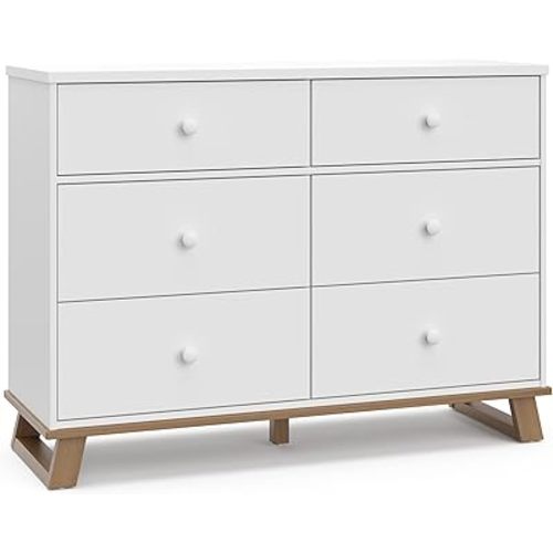 Storkcraft Modern 6 Drawer Double Dresser (White with Vintage Driftwood) – GREENGUARD Gold Certified, Modern Double Dresser for Nursery and Kids Bedroom, Wide Dresser Organizer for Children’s Bedroom
