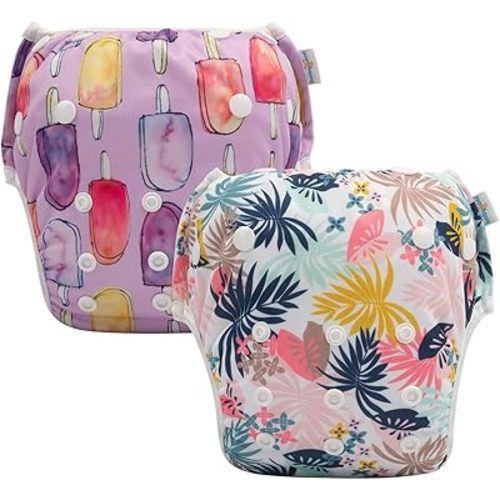 Babygoal Baby Girl Swim Diapers, Reusable Adjustable Washable Swim Underwear Fits 0-8M Baby Gifts and Swimming Lessons 2 Pack