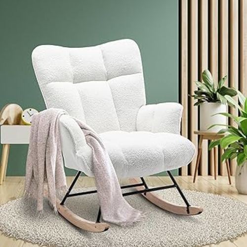 Nursery Rocking Chair Teddy, Upholstered Glider Rocker with High Backrest, Comfortable Stylish Accent Armchair with Padded Seat for Living Rooms, Bedrooms, Offices, White