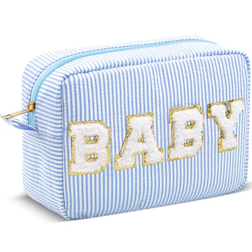 Sanwuta Seersucker Cosmetic Bags Baby Bag Chenille Letter Baby Toiletry Bag Stripe Diaper Pouch Large Preppy Storage Pouch Toiletry Travel Organizer, Gifts for Mom Women