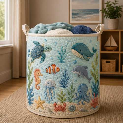 Ocean Animal Quilted Laundry Basket, Sea Creature Nursery Storage Bin, Coastal Toy Hamper, Underwater Kids Organizer