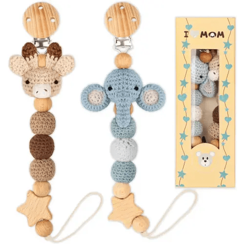 Pacifier Clip, 2 Pack Pacifier Holder for Boys and Girls, Cute Deer Handmade Knitted Christmas Pacifier Clip Fits for Most Pacifier, Baby Teethers, Baby Shower and Baby Gift(Elephant&Deer)