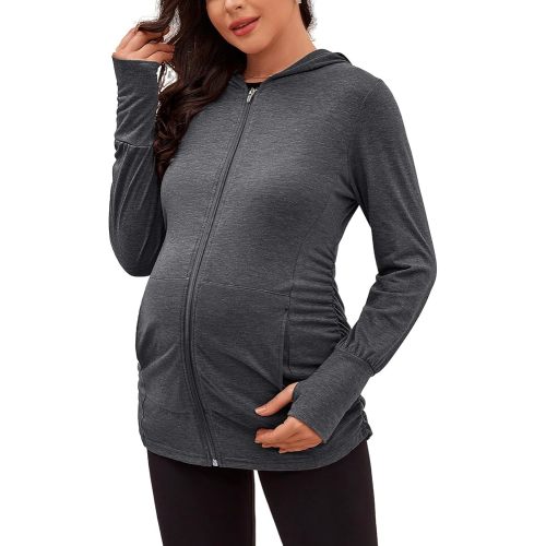 DEBELLY Maternity Sweatshirts Long Sleeve Full Zip Hoodie Casual Pregnancy Women Jacket Top with Pockets,Thumb Hole,Side Ruch