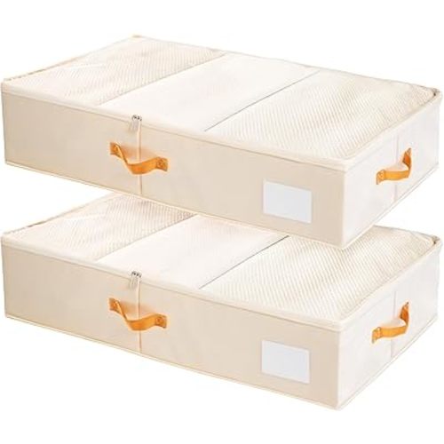 Criusia Under Bed Storage Bins with Clear PVC Lids – 2 Pack Large Underbed Organizers with Heavy-Duty Handles, Reinforced with 800G PP Panels & 80G Non-Woven Fabric – Waterproof & Foldable, Beige