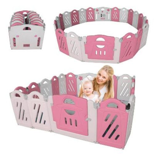 ORRD 16+2 Panel Baby Playpen - Foldable Playard with Safety Gate, Adjustable Shape for Kids (Pink+White)