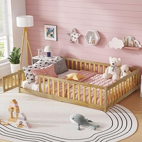 Bellemave Full Size Floor Bed Frame with Fence and Door for Kids, Montessori Floor Bed with Slats and Safety Guardrails,Solid Wood Full Bed Frame for Girls Boys,Natural
