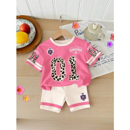 SHEIN Cream White & Cream Pink, Cute English Numbers With Leopard Print & Stripe Pattern Baby Girl Casual Simple Round Neck Short Sleeve T-Shirt + Comfortable Cycling Shorts Set, Suitable For Spring/Summer | SHEIN USA