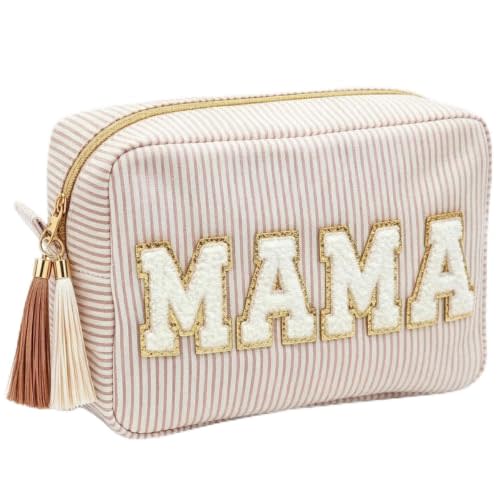 Striped Seersucker Mama Bag, Chenille Letter Pouch with 2 Tassels for Mom | Striped seersucker mama bag with MAMA chenille letter & 2 tassels. Travel & daily pouch, ideal gift for women and moms.
