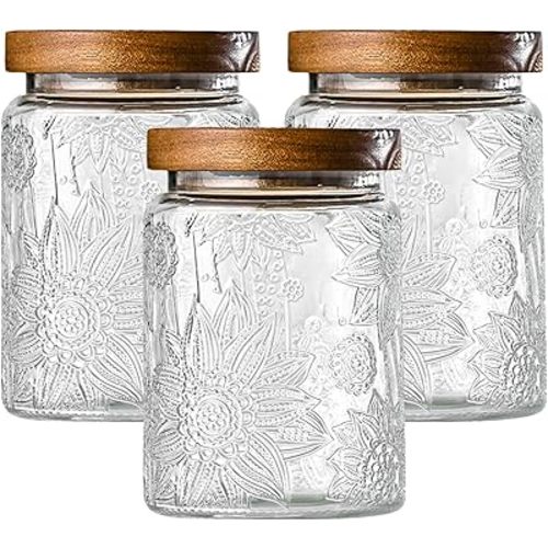 Adodeen 3-Pack 24oz Vintage Glass Jar With Lid, Glass Storage Containers, Airtight Kitchen Storage Containers For Sugar, Coffee, Tea, Spice, Flour, Candy Cookie, Pasta, Cereal