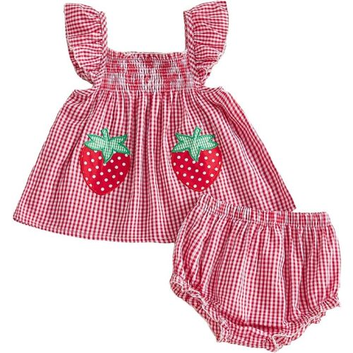 Toddler Baby Girl Summer Clothes Plaid Bow Cherry Ruffle Sleeveless Shirts Dress Bloomers Shorts Set Summer Outfits