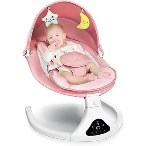 Electric Baby Swing with Remote Control - 5 Natural Motion Speeds, Detachable Seat Pad | Portable Infant Swing for Indoor/Outdoor Use (0-12M, 20lbs) (Pink)