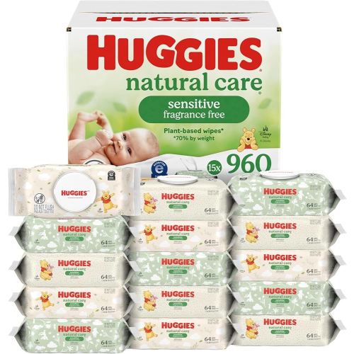 Huggies Natural Care Sensitive Baby Wipes, Unscented, Hypoallergenic, 99% Purified Water, 15 Flip-Top Packs (960 Wipes Total)