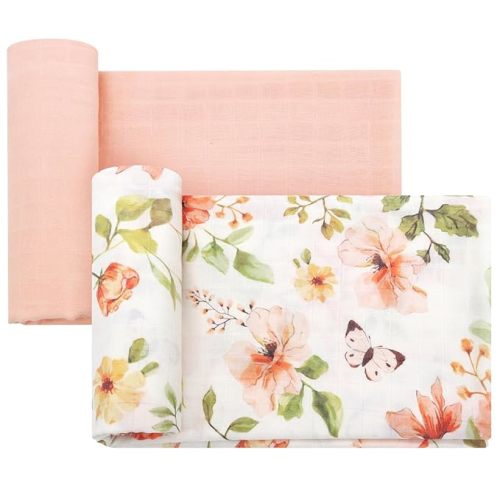 LifeTree Baby Swaddle Blankets, Boys Girls Muslin Swaddling Wrap Receiving Blanket for Newborn, 70% Viscose from Bamboo and 30% Cotton, Large 47" x 47", Butterfly Floral and Pink
