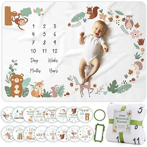 Monthly Milestone Blanket for Baby Boy or Girl, Premium Soft Fleece Blanket, First 12 Months Growth Chart, Large Size 60" x 40", 16 Milestone Stickers