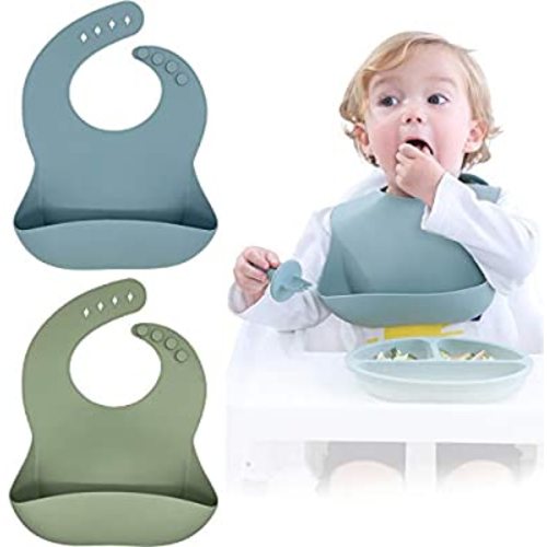 Blissbury Silicone Baby Bibs Set of 2, BPA Free Waterproof Soft Durable Adjustable Silicone Bibs for Babies & Toddlers (Ether/Sage)
