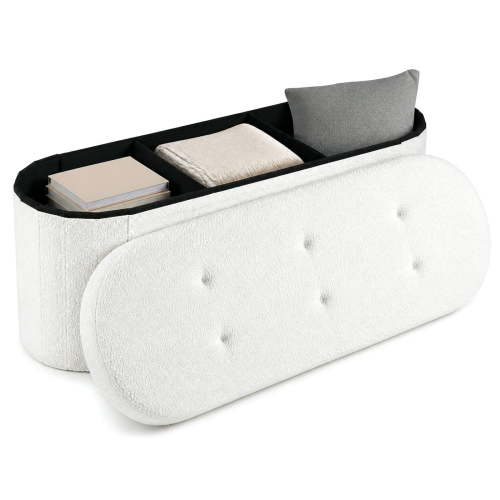 Costway Storage Ottoman Bench 43” Oval Ottoman with Dividers Folding Teddy Boucle Footrest White