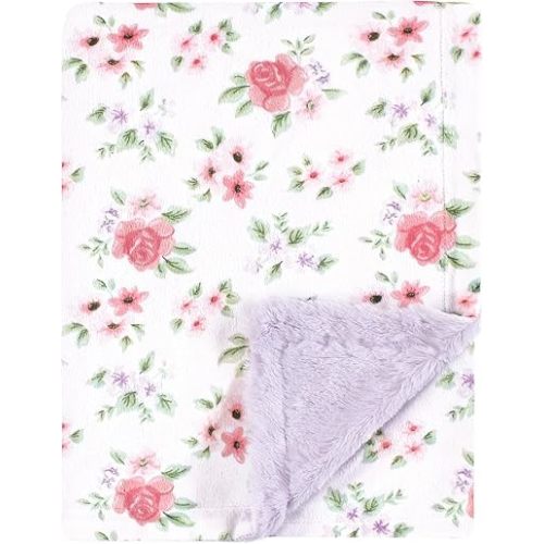 Hudson Baby Infant Girl Plush Blanket with Furry Binding and Back, Vintage Floral, One Size