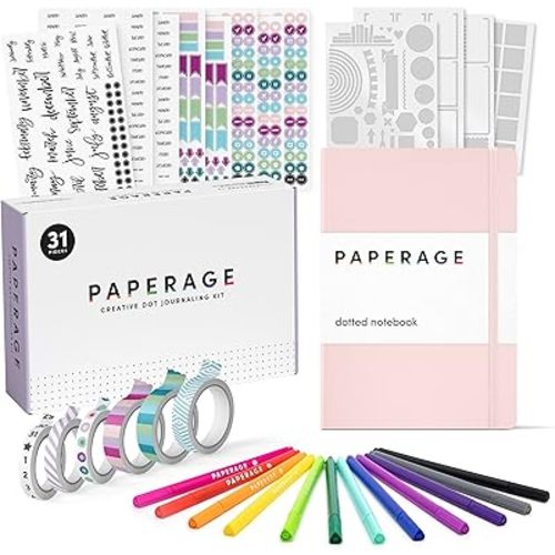 PAPERAGE Bullet Style Journal Kit, Dotted Journaling Set & Stationary Kit, Hardcover Dotted Journal Notebook (Blush), 12 Fineliner Pens, 8 Sticker & 4 Stencil Sheets, 6 Washi Tapes & Creative Guide