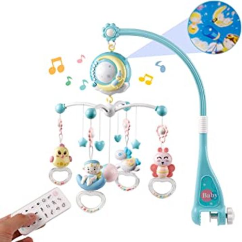 Mini Tudou Baby Musical Mobile Crib with Music and Lights, Timing Function, Projection, Take-Along Rattle and Music Box for Babies Boy Girl Toddler Sleep